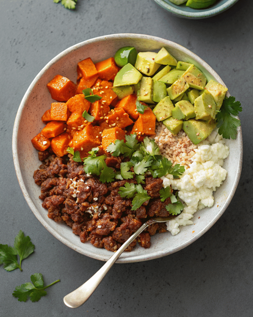 High Protein Beef & Sweet Potato Bowl: The Best 40g Muscle-Building Meal 1 Meal prep containers filled with High Protein Beef & Sweet Potato Bowl ingredients including avocado and cottage cheese