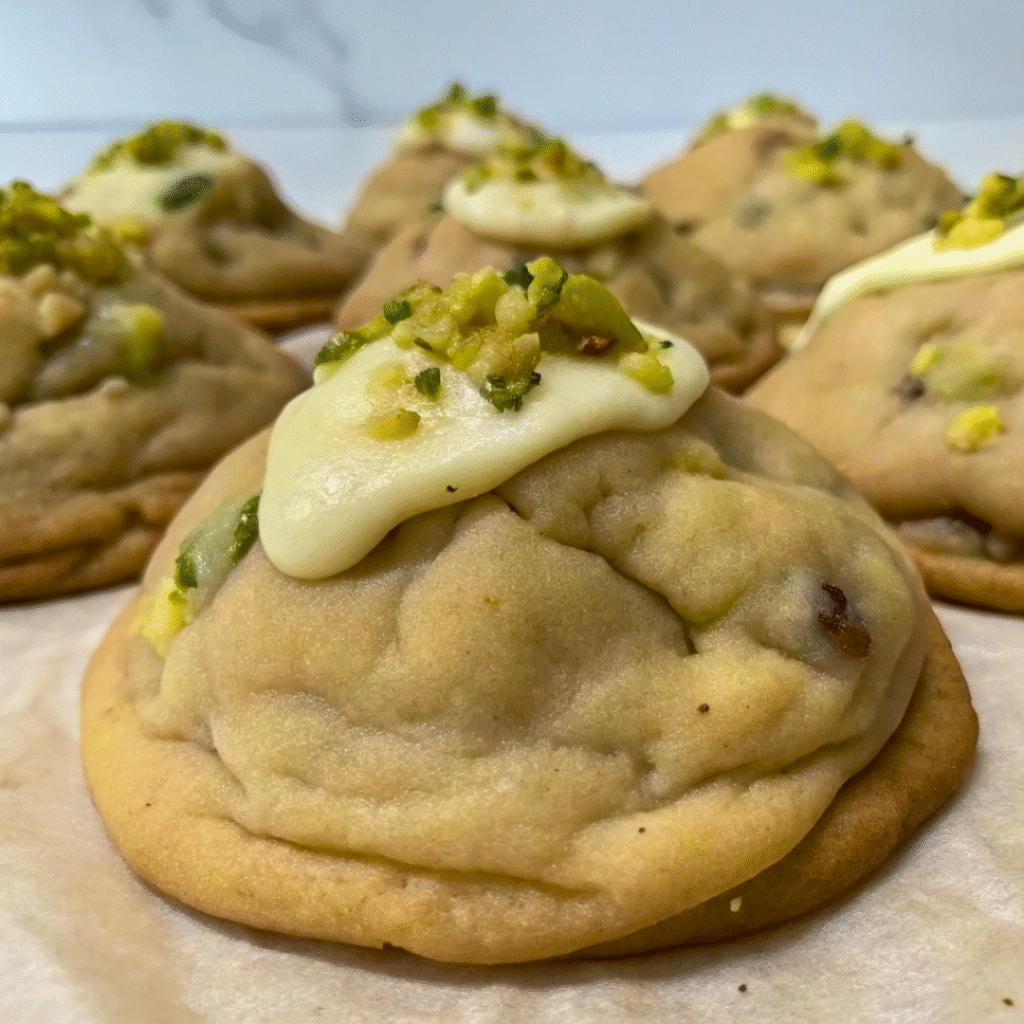 Pistachio NYC Cookies with gooey pistachio centers