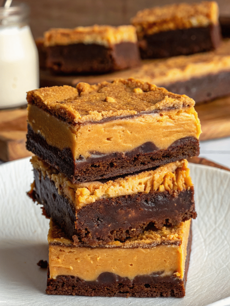 Close-up of Biscoff Cheesecake Brownie with cookie crust, brownie, and cheesecake layers