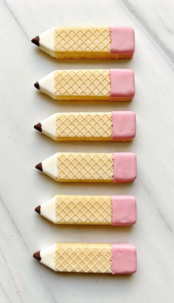 Wafer Pencil Cookies decorated with chocolate tips and erasers