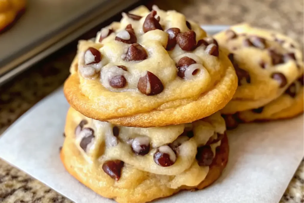 Stack of soft chocolate chip cookies with a glass of milk.