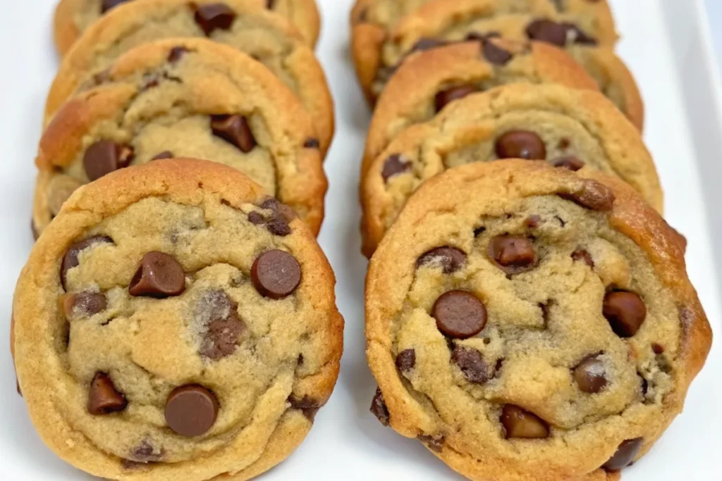 Brown butter chocolate chip cookies on a wooden table.