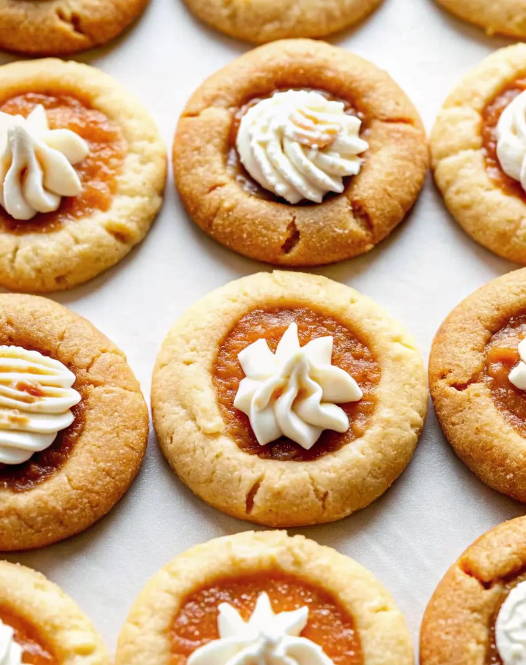 A stack of pumpkin pie cookies with whipped cream topping and a sprinkle of cinnamon.