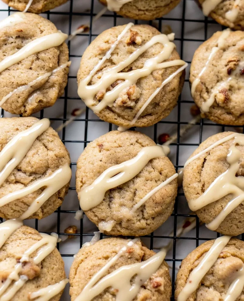 Soft maple cookies with glaze on a wooden table.