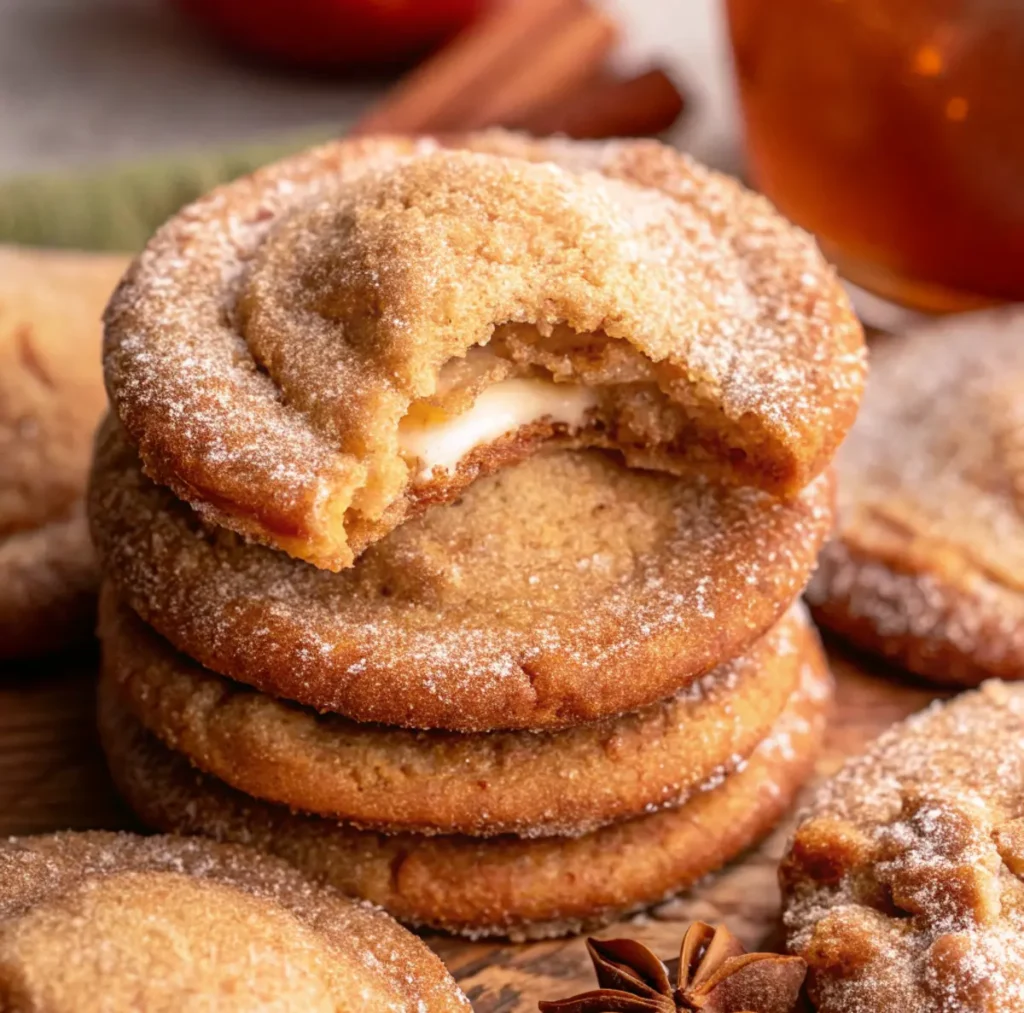 A stack of apple cider cheesecake cookies on a wooden table.