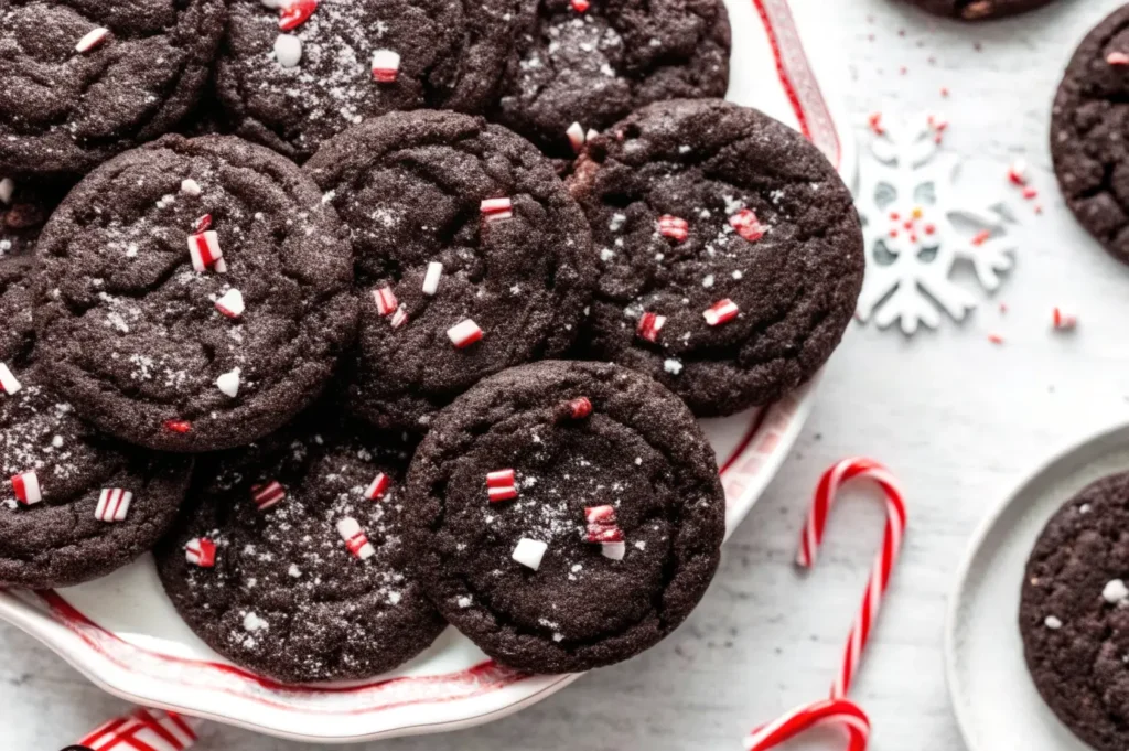 Delicious double chocolate peppermint cookies on a plate with crushed candy canes.