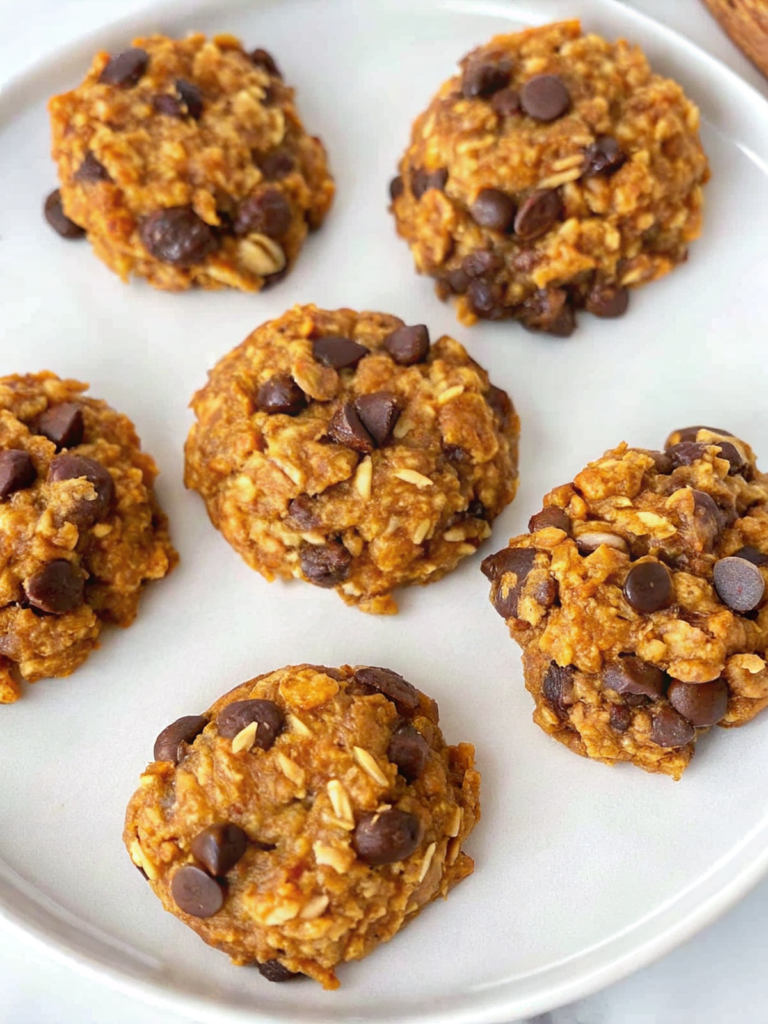 Best gluten-free pumpkin oatmeal cookies on a rustic wooden table for fall.	