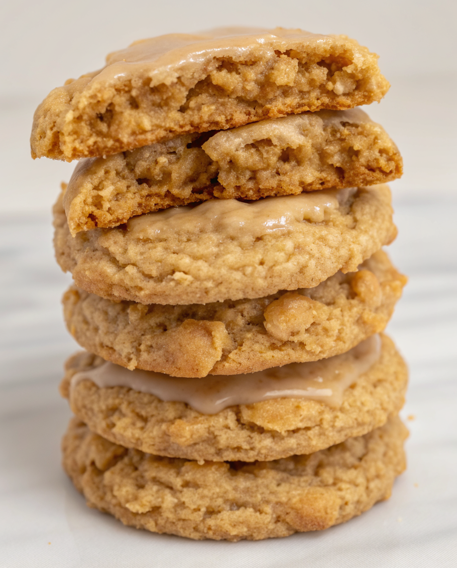 Stack of iced cinnamon brown sugar oatmeal cookies with vanilla glaze dripping down the sides on white plate